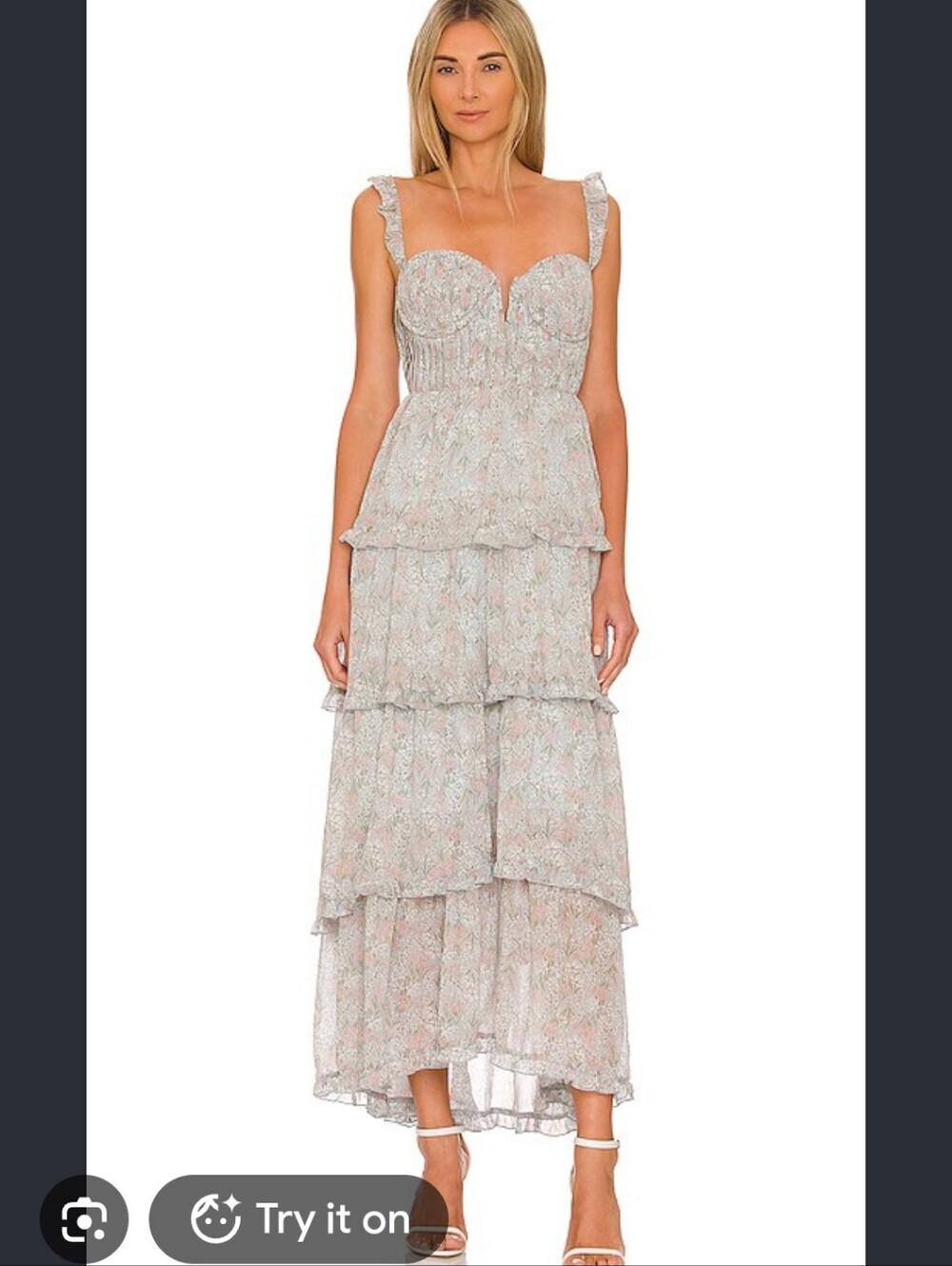 ASTR The Label Sz L Light Blue Floral Ruffle Tiered Wedding Guest Maxi Dress